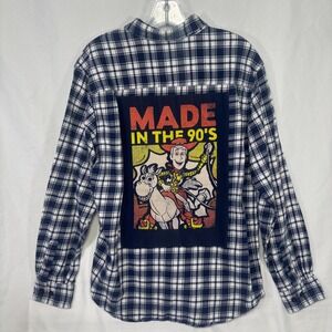 Toy Story "Made in the 90s" Upcycled Blue and White Fall Flannel Shirt Sz Large
